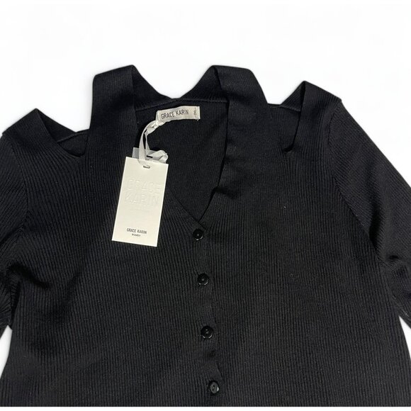 Grace Karin Women's Black Ribbed Cardigan Sweater With Button Front 2XL - Picture 2 of 11